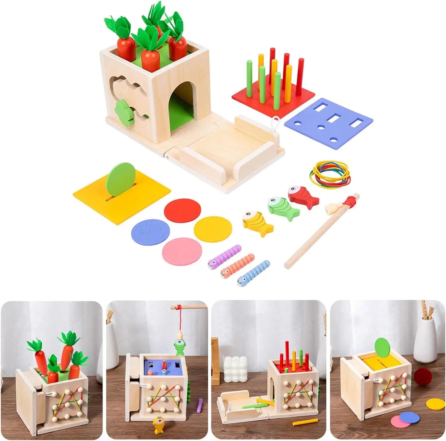 Jouet Montessori Évolutif en Bois – Jeu d’Éveil Éducatif Bébé avec Formes, Carottes et Pêche Magnétique