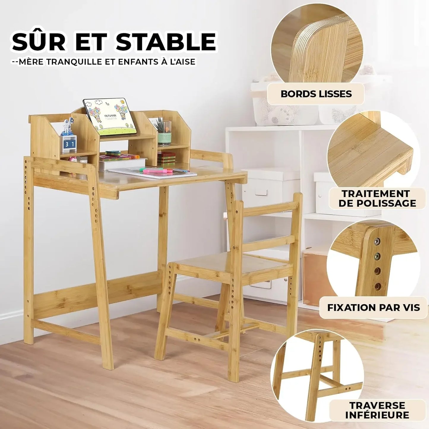 Bureau et Chaise Montessori Réglables – Ensemble en Bois avec Rangement