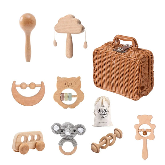 Coffret Jouets Montessori Évolutifs – Hochets en Bois & Animaux Crochet Vintage avec Boîte Cadeau