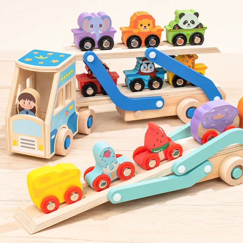 Camion Porte-Voitures en Bois Montessori – Jouet Éducatif avec Animaux Colorés