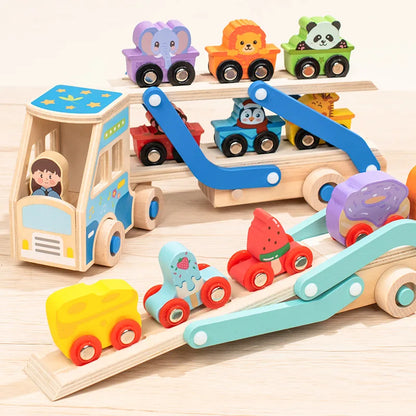 Camion Porte-Voitures en Bois Montessori – Jouet Éducatif avec Animaux Colorés