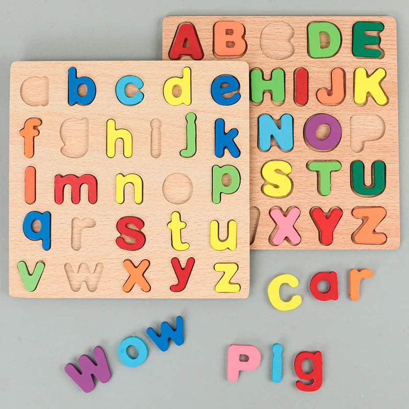 Jouet Montessori évolutif – Puzzle en bois lettres, chiffres et formes colorées