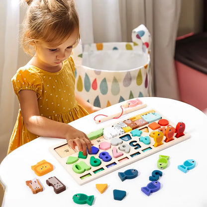 Jeu Éducatif Montessori 4-en-1 en Bois – Formes, Chiffres, Pêche & Animaux