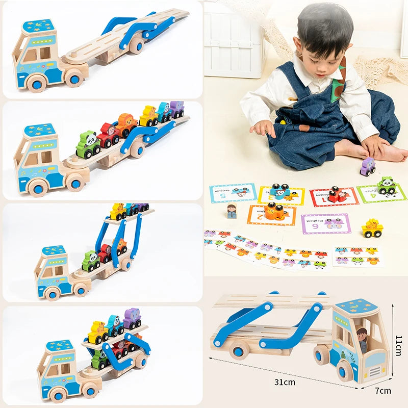 Camion Porte-Voitures en Bois Montessori – Jouet Éducatif avec Animaux Colorés