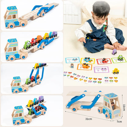 Camion Porte-Voitures en Bois Montessori – Jouet Éducatif avec Animaux Colorés