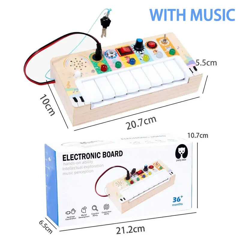 Jouet Montessori évolutif – Busy Board en bois avec lumières LED et activités sensorielles