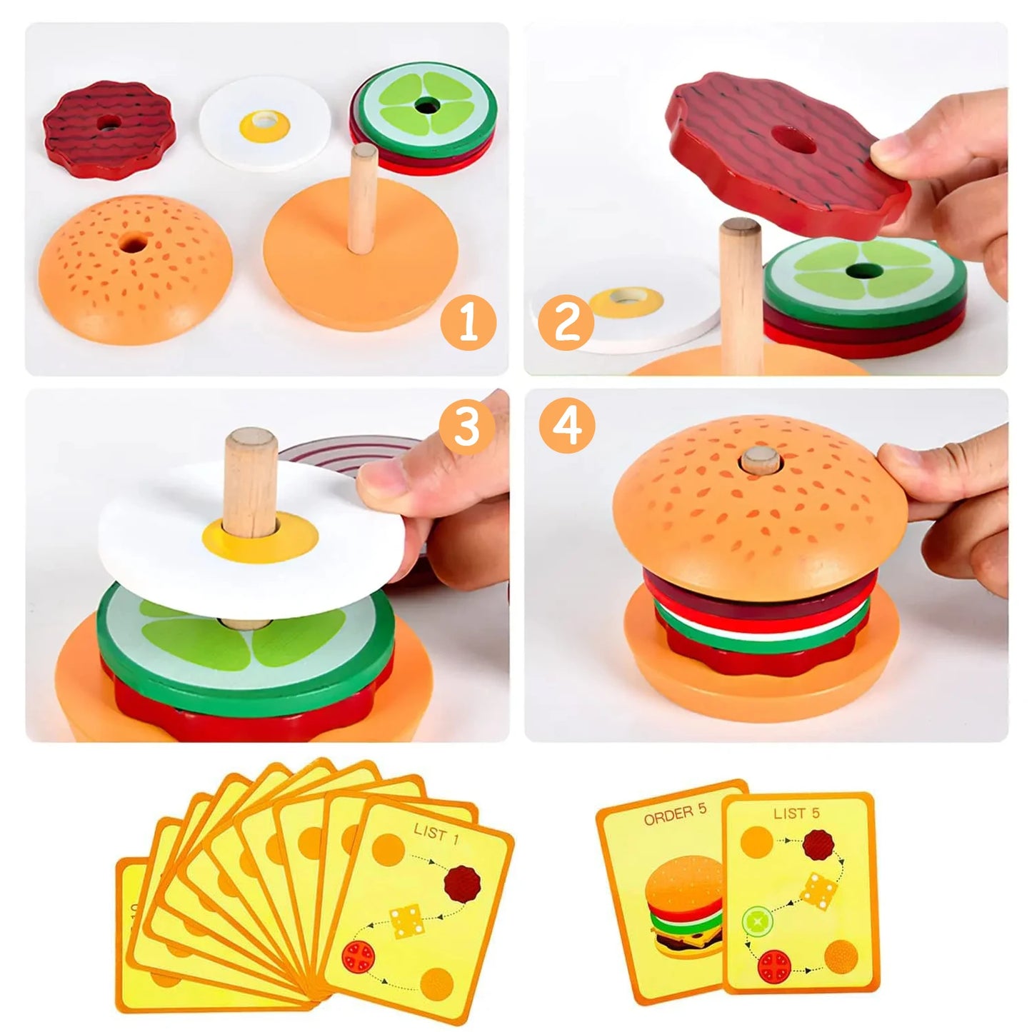 Jeu de Burgers et Sandwichs en Bois Montessori – Jeu d’Imitation Cuisine