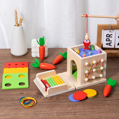Jouet Montessori Évolutif en Bois – Jeu d’Éveil Éducatif Bébé avec Formes, Carottes et Pêche Magnétique