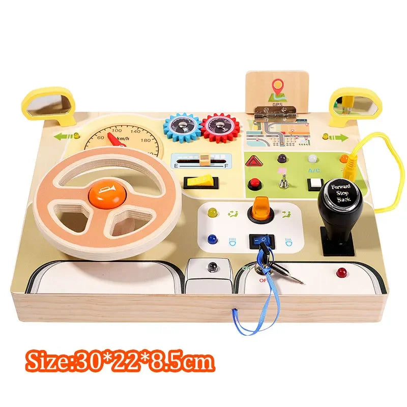 Jouet Montessori évolutif – Busy Board en bois avec lumières LED et activités sensorielles