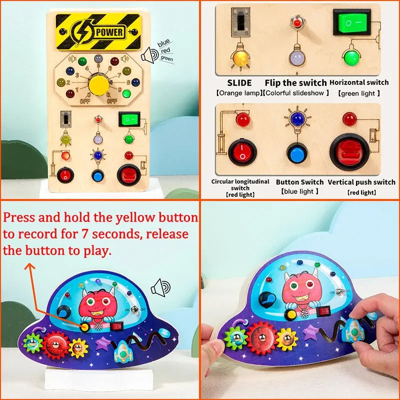 Jouet Montessori évolutif – Busy Board en bois avec lumières LED et activités sensorielles