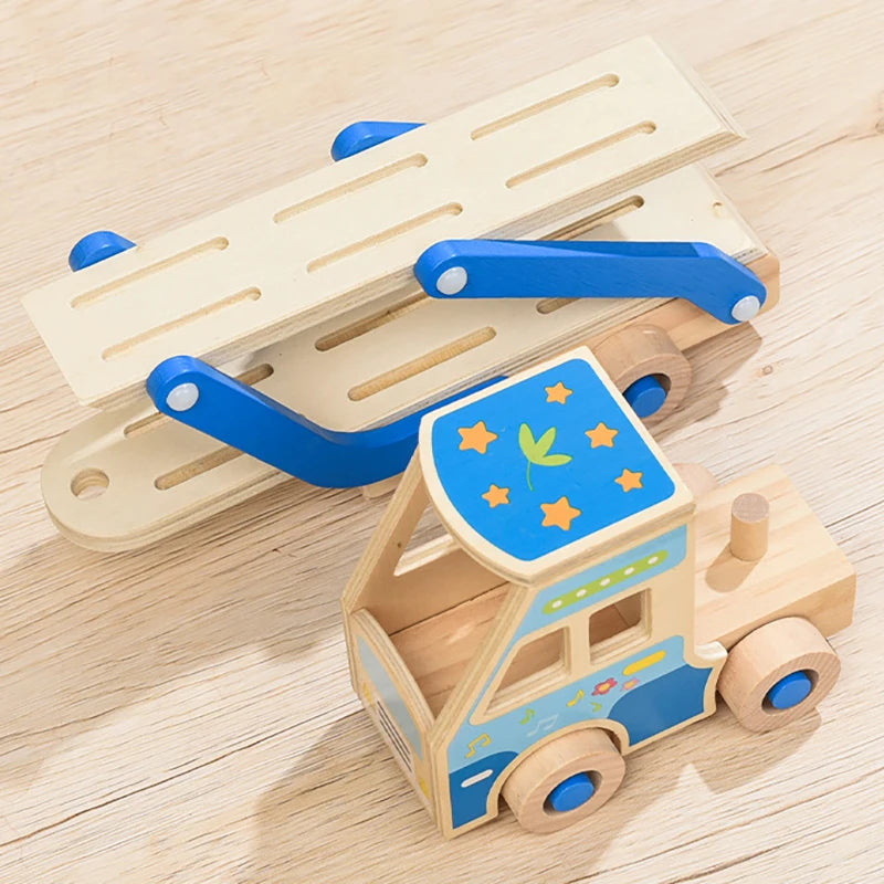 Camion Porte-Voitures en Bois Montessori – Jouet Éducatif avec Animaux Colorés