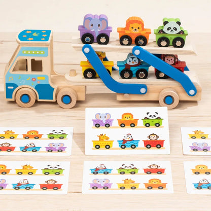 Camion Porte-Voitures en Bois Montessori – Jouet Éducatif avec Animaux Colorés