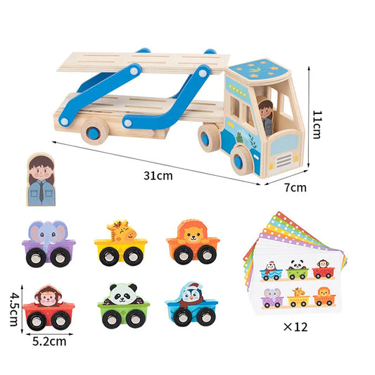 Camion Porte-Voitures en Bois Montessori – Jouet Éducatif avec Animaux Colorés