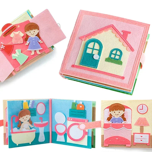Livre d’activités évolutif en tissu – Histoire, éveil et apprentissage Montessori