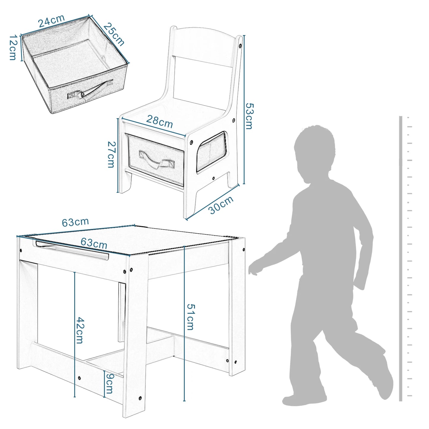 Table et Chaises Montessori avec Rangement – Plateau Réversible et Tableau Noir