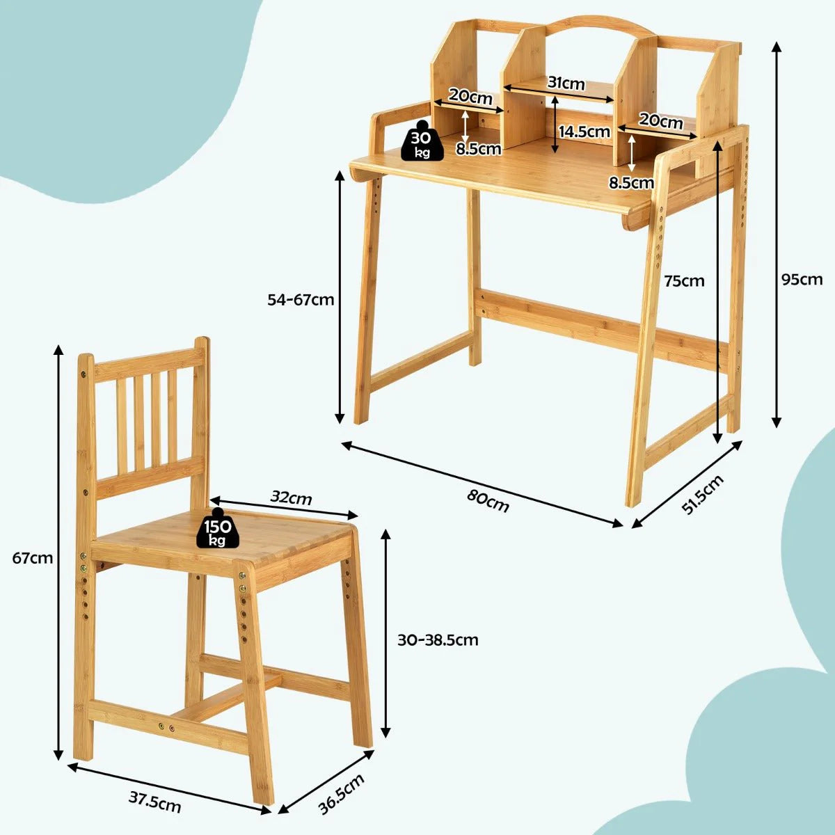 Bureau et Chaise Montessori Réglables – Ensemble en Bois avec Rangement