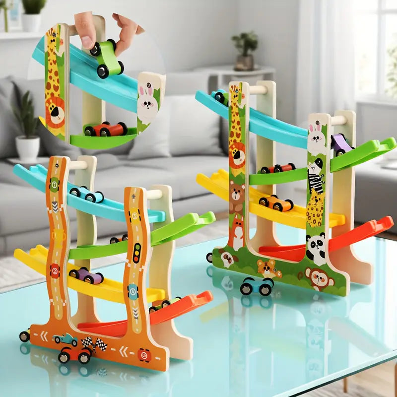 Rampe de Voitures Montessori en Bois – Jeu d’Observation et de Motricité