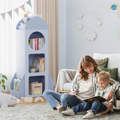 Bibliothèque Fusée Montessori – Étagère à Livres et Jouets 3 Niveaux avec Rangements Latéraux