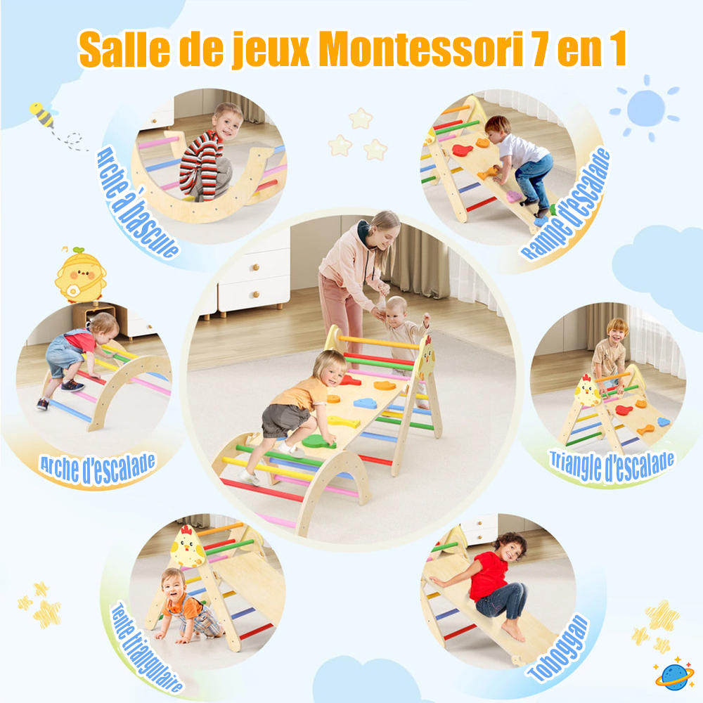 Structure d’Escalade pour l'équilibre Montessori 7-en-1 en Bois – Triangle, Arche & Rampe de Jeu
