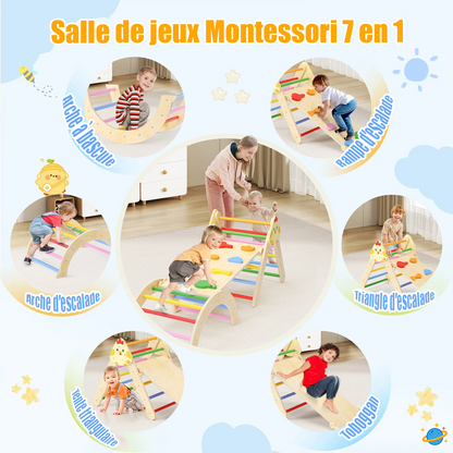 Structure d’Escalade pour l'équilibre Montessori 7-en-1 en Bois – Triangle, Arche & Rampe de Jeu