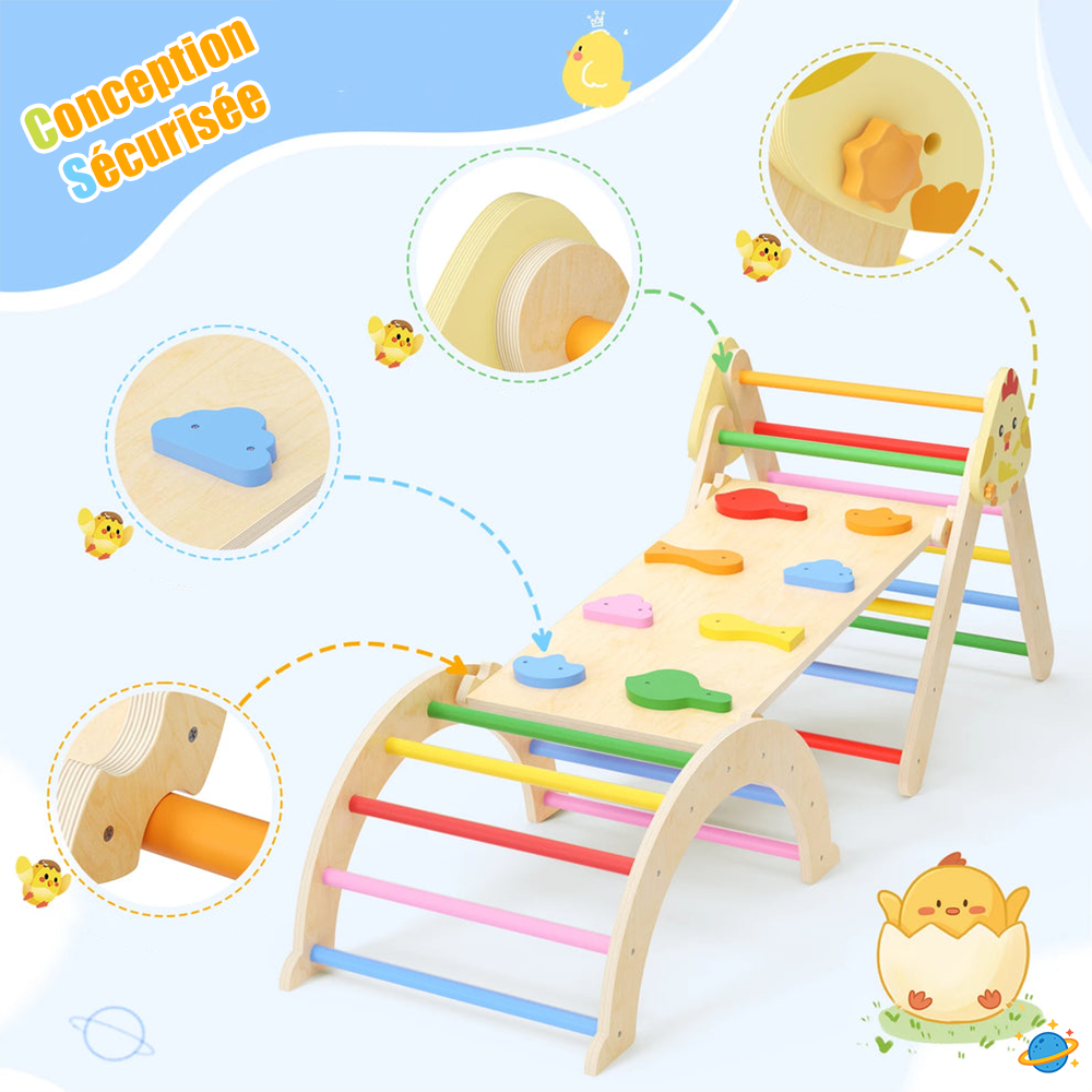 Structure d’Escalade pour l'équilibre Montessori 7-en-1 en Bois – Triangle, Arche & Rampe de Jeu